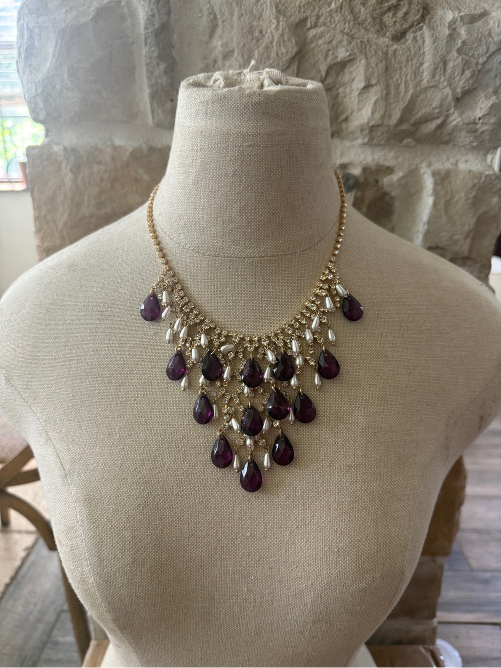 Gold-Tone Necklace with Deep Purple Teardrop Stones